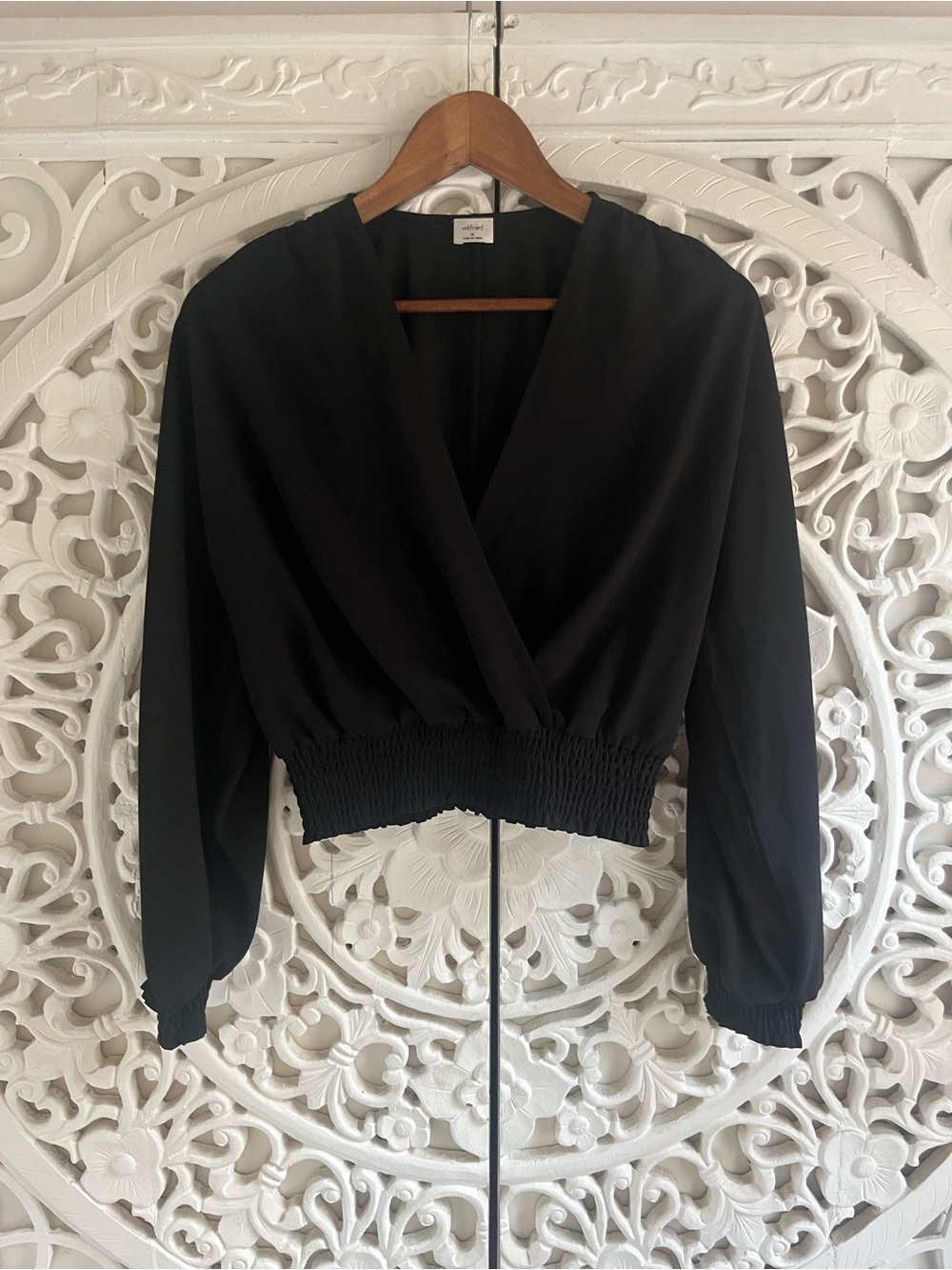 Wilfred Black Sheer Wrap Front Smocked Waist Cropped Blouse Size M